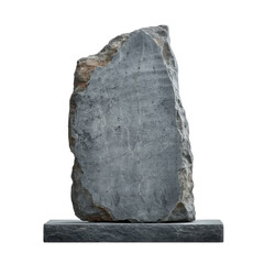 Rough gray stone slab standing upright on rectangular base with natural uneven surface and weathered texture, isolated transparent background
