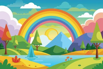 summer landscape with rainbow vector illustration