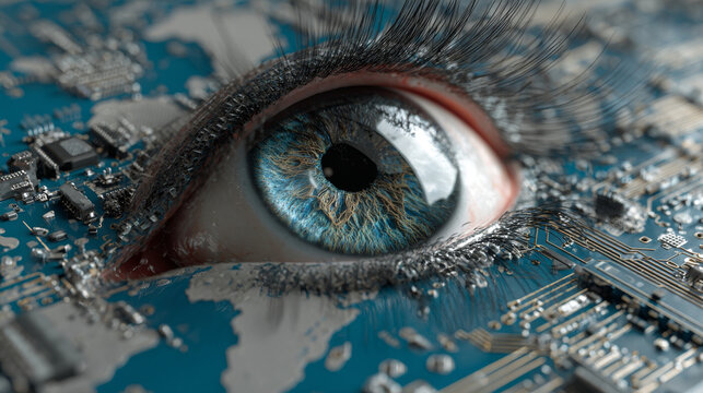 Abstract futuristic eyeball on circuit board, hi-tech computer technology with world map and blue color background, vector illustration. - Powered by Adobe