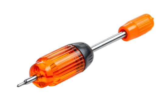 Studio shot of an orange screwdriver with a metal tip, isolated on a transparent background, ready for use in diy and repair projects