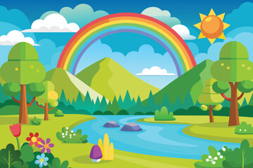 summer landscape with rainbow vector illustration