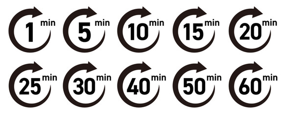 残り時間を表示するタイマー/ストップウォッチ/時計のアイコンイラストデザインセット(timer clock stopwatch 1min 2min 3min 4min 5min 6min 7min 8min 9min 10min 15min 20min 25min 30min 残り時間 シンプル アイコンイラスト ベクター 編集可能)