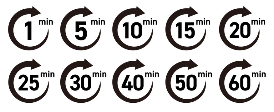 残り時間を表示するタイマー/ストップウォッチ/時計のアイコンイラストデザインセット(timer clock stopwatch 1min 2min 3min 4min 5min 6min 7min 8min 9min 10min 15min 20min 25min 30min 残り時間 シンプル アイコンイラスト ベクター 編集可能)