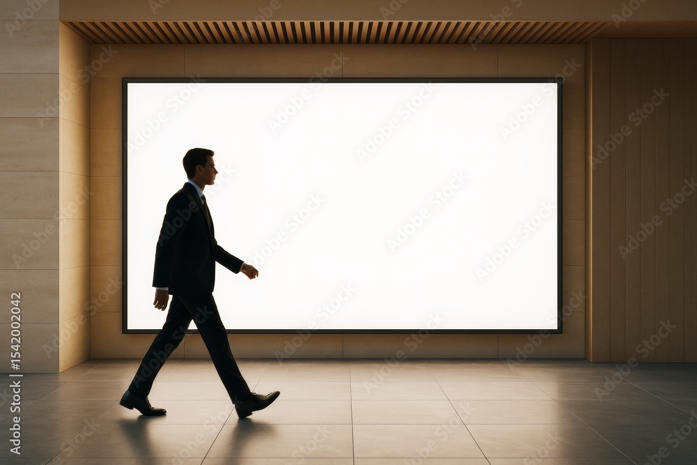 Poster businessman walking in front of large illuminated lightbox background inside modern interior hallway