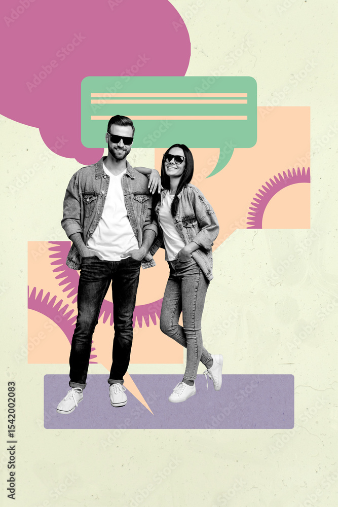 Poster Sketch vertical photo pop collage of happy girl guy send receive message notification speech chat networking icon dialogue
