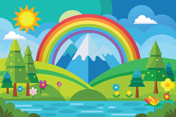 spring landscape with rainbow vector illustration