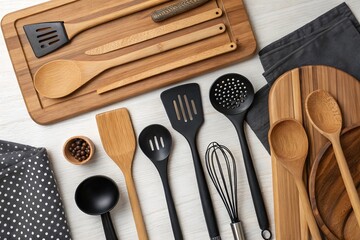 Wooden and Black Kitchen Utensils Flatlay – Modern Culinary Tools on Neutral Background.