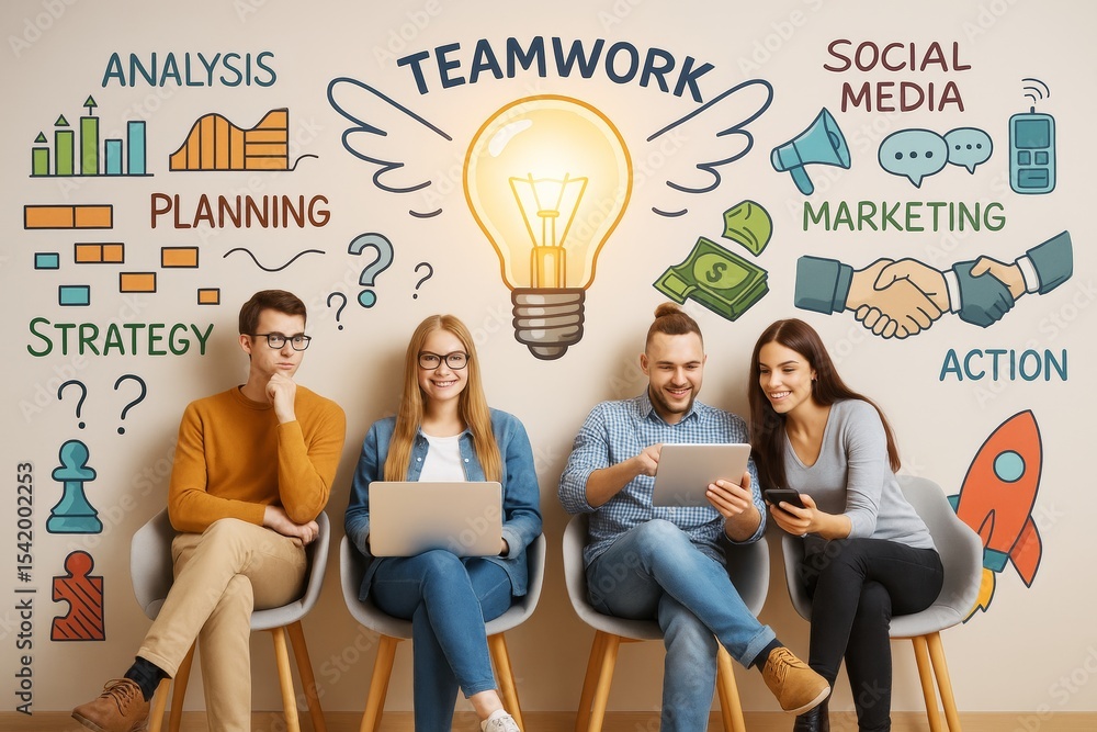 Poster Group of young professionals collaborating with digital devices in creative business setting with teamwork and marketing concepts on light background.