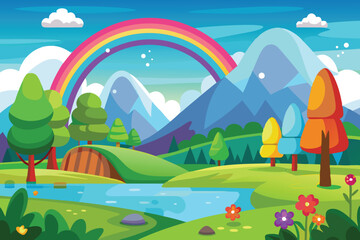 spring landscape with rainbow vector illustration