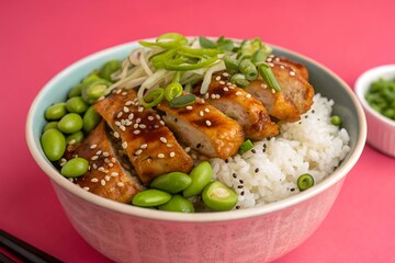 Teriyaki Chicken and Edamame Rice Bowl on Pink Background – Vibrant Asian-Inspired Food Flat Lay