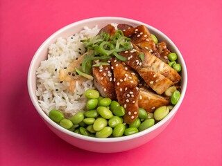 Teriyaki Chicken and Edamame Rice Bowl on Pink Background – Vibrant Asian-Inspired Food Flat Lay