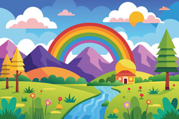 spring landscape with rainbow vector illustration