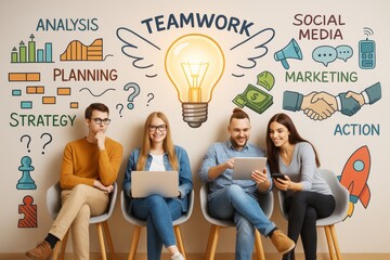 Group of young professionals collaborating with digital devices in creative business setting with teamwork and marketing concepts on light background.