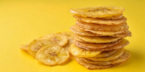 Stacked Fried Plantain Chips on Yellow Background – Crispy Tropical Snack Food Concept.