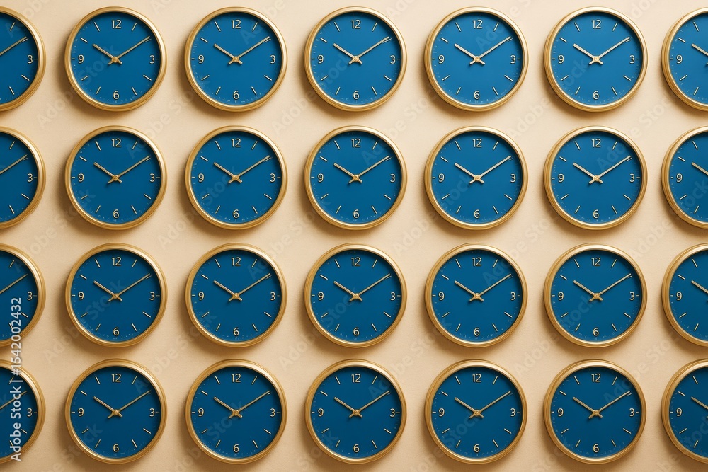Poster Multiple blue wall clocks with golden frames arranged in a symmetric pattern on a light beige background as a concept of time management in business.