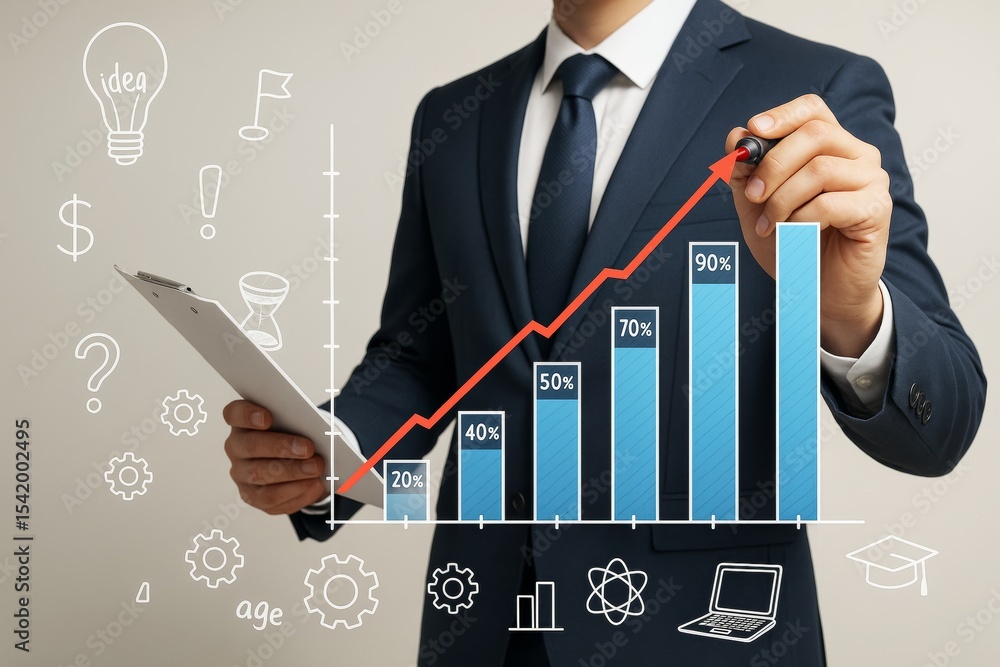 Poster businessman drawing growth chart with bar graph and infographic icons on light background for busine