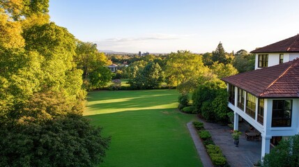 Obraz premium Lush green lawn, overlooking a city, with a house in the background. Tranquil, elegant view