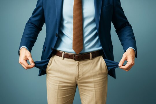 Businessman in formal attire showing empty pockets against blue background, symbolizing financial crisis or bankruptcy concept.