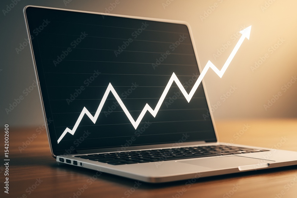 Poster laptop with glowing upward arrow chart on screen symbolizing business growth on warm light backgroun