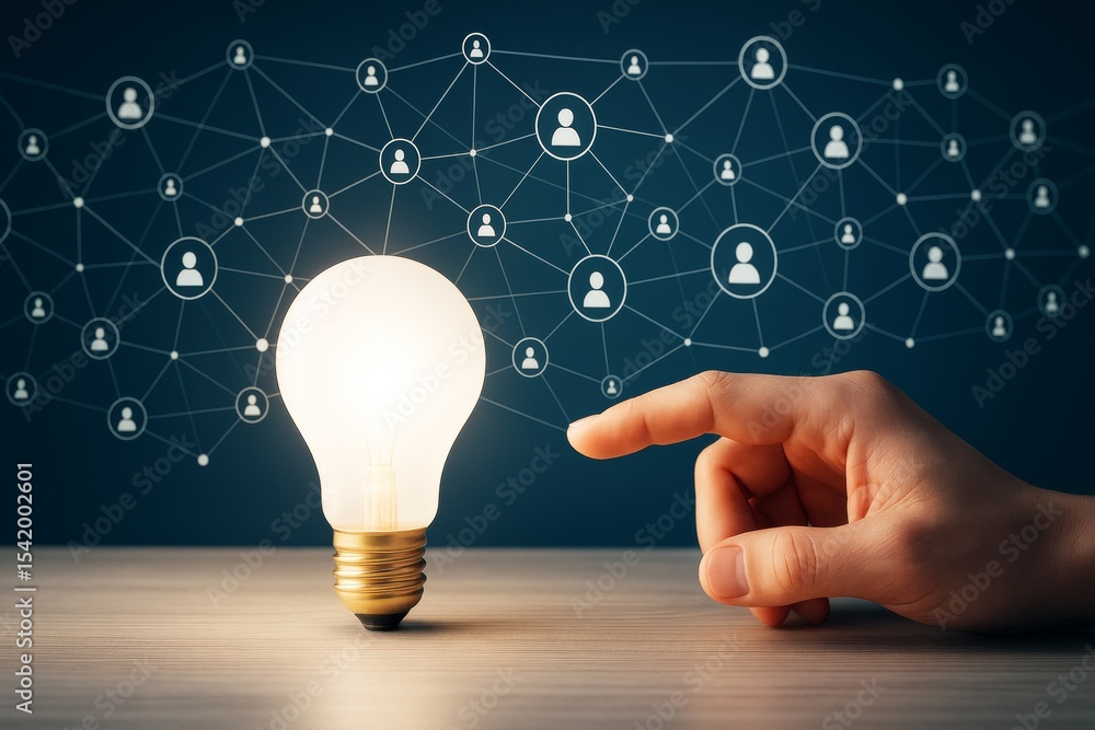 Aufkleber Business innovation concept with glowing light bulb and network connections on dark background showing abstract idea generation and teamwork..