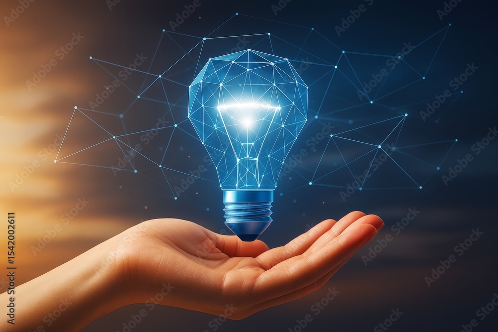 Poster human hand holding abstract digital light bulb made of glowing connected lines on dark background sy