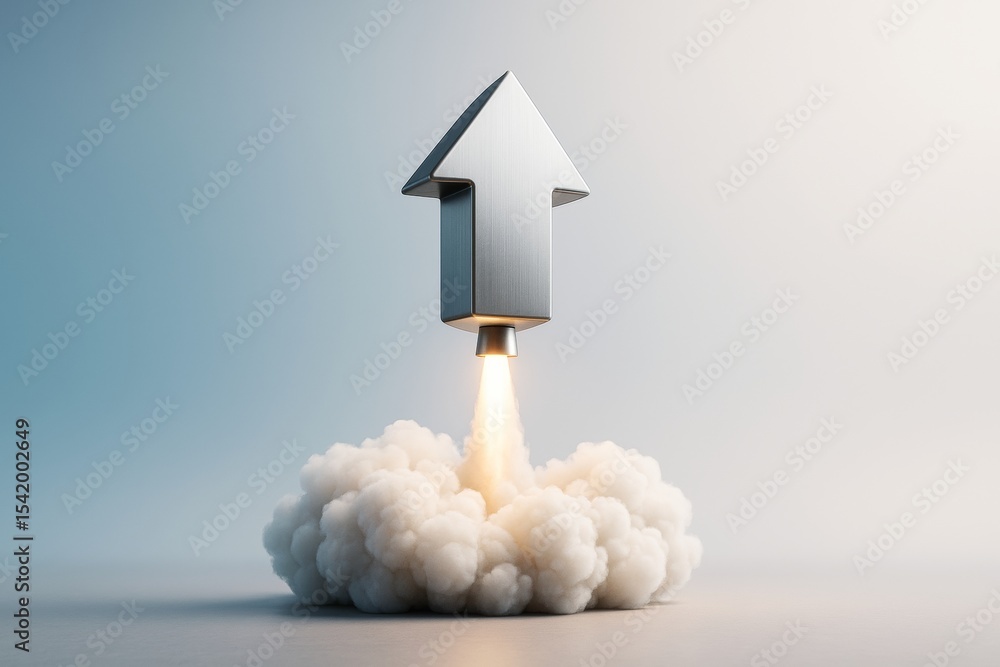 Poster metallic arrow-shaped rocket launching with smoke and fire on soft gradient background signifying bu