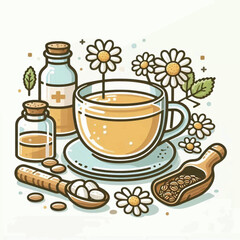 A detailed cartoon of chamomile tea with flowers medicine bottles and wooden spoons