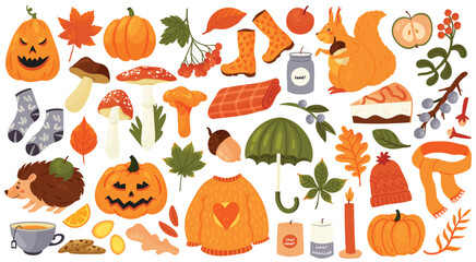 Autumn set vector illustration. Cartoon autumn collection with fall acorn and edible mushrooms, Halloween pumpkin, orange leaf of maple oak and chestnut, cozy warm plaid and hot tea isolated on white