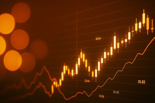 Glowing stock market candlestick chart with financial data and orange light bokeh background symbolizing business growth and investment trends.