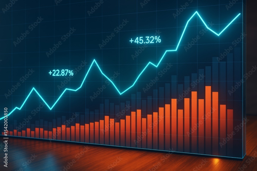 Poster Abstract business chart with glowing line and bar graph showing financial growth on dark background with neon light effect. Ai generative.