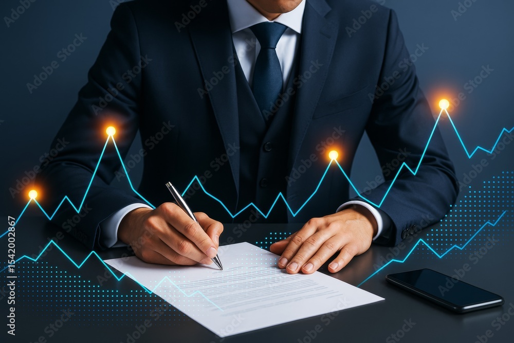 Poster Businessman signing contract with abstract financial graph and glowing data points on dark background, symbolizing growth and analysis.
