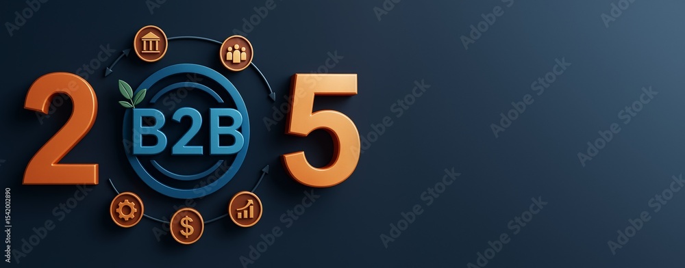 Poster b2b business concept for 2025 with financial and network icons on dark background for clean banner o