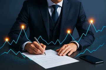 Businessman signing contract with abstract financial graph and glowing data points on dark background, symbolizing growth and analysis.