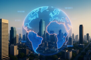 Futuristic digital globe hovering over modern cityscape with binary code elements, symbolizing global technology and data-driven business concept.
