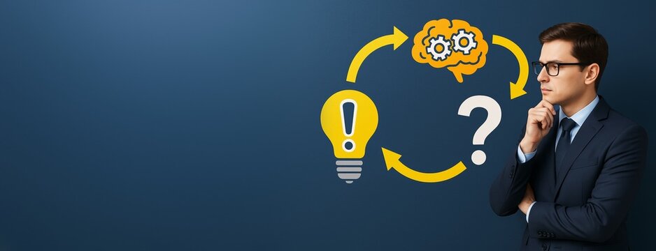 Businessman thinking with innovation process symbols including brain gears, lightbulb, and question mark on blue background for copyspace use.
