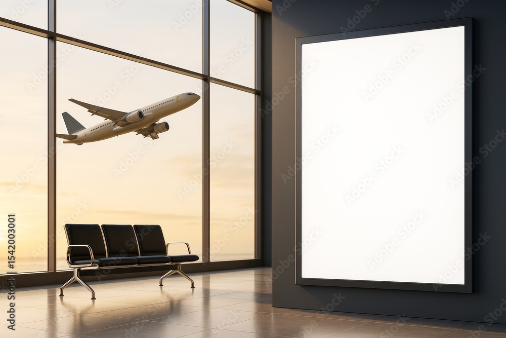 Poster blank advertising poster mockup in airport terminal with airplane taking off during sunrise through 