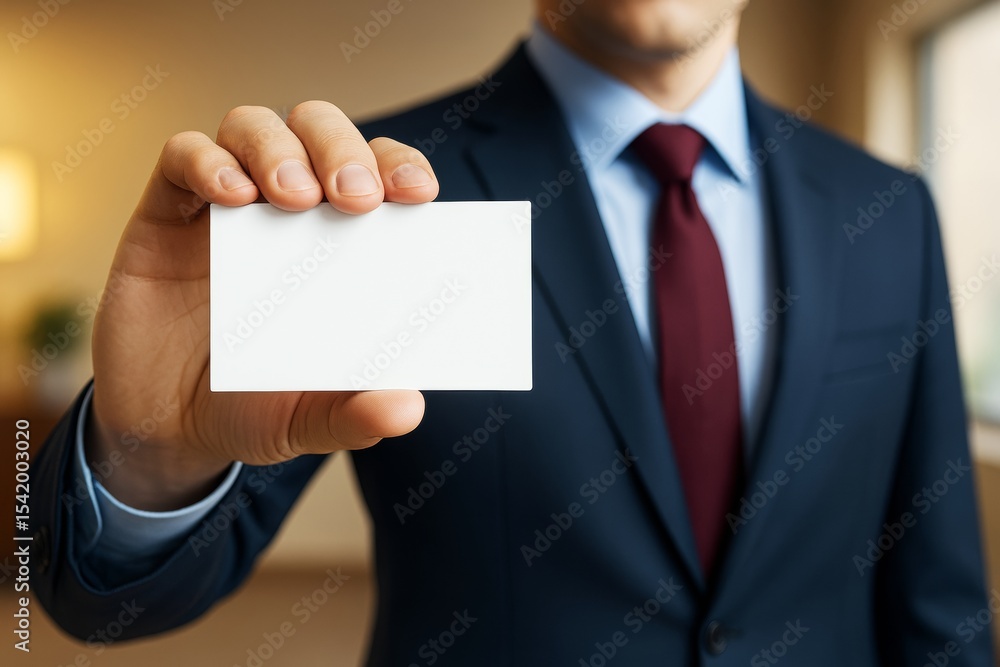 Poster businessman holding blank white card for branding or mockup concept in professional setting with sof