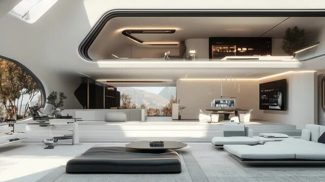 Interior view of modern futuristic house with open floor plan and large windows showing trees