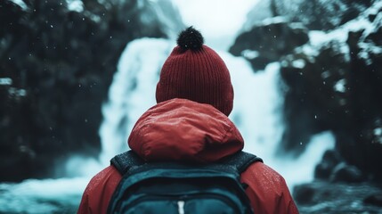A lone adventurer stands gazing at a majestic snowy waterfall, embodying the spirit of adventure and the beauty found in nature's untouched landscapes, inspiring awe.