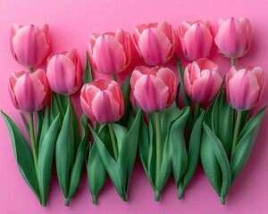 Fototapeta premium Several pink tulips with green leaves lay on solid color background. Perfect for spring, Mother's Day, greeting card or feminine products ads.