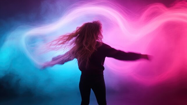 A silhouette of a dancer spins gracefully surrounded by vibrant swirls of color, embodying freedom, joy, and the expressive nature of movement through artistic representation.