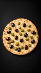 Freshly baked flatbread topped with assorted black and green olives on black background