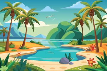 tropical beach paradise with palm trees vector illustration