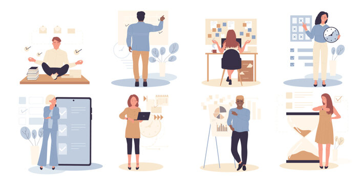 Work organization of business people, control of time set vector illustration. Cartoon businessman working with planner schedule, manager planning projects and deadline. Time management concept