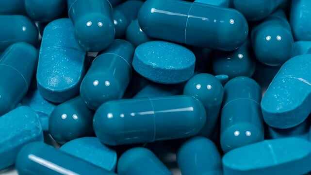 Close Up Arrangement Of Teal Pills And Capsules Displayed On Black Background