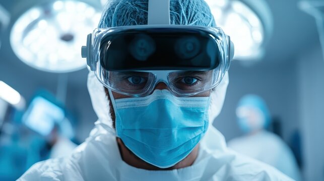 A dedicated surgeon wearing protective gear and goggles is poised to perform surgery, highlighting the importance of safety and precision in the medical field.