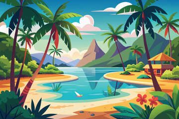 tropical beach paradise with palm trees vector illustration