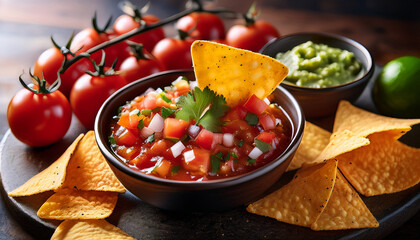 fresh salsa and crunchy tortilla chips are the perfect match for a tasty snack that packs a flavorful punch enjoy the zest