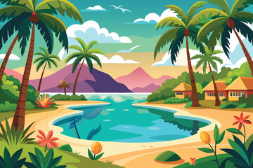 tropical beach paradise with palm trees vector illustration