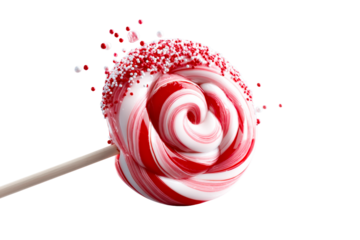 Swirling red and white candy lollipop with sprinkles exploding